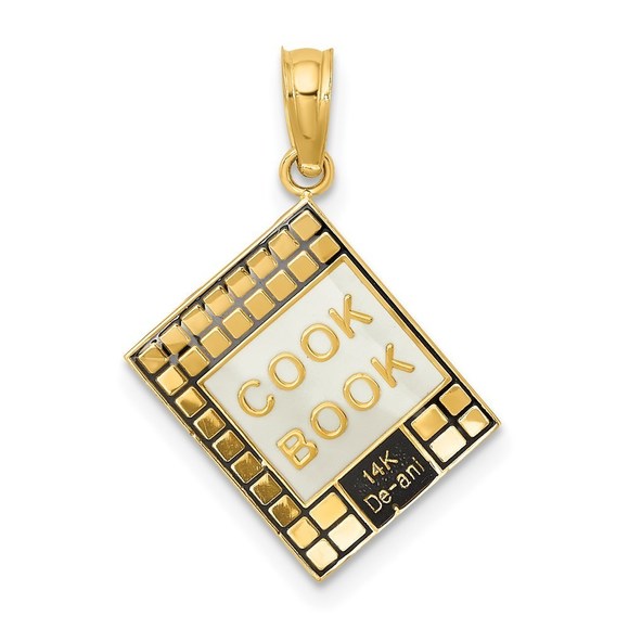 14k Yellow Gold W/ Black Enamel 3-D Culinary Cook Book Necklace Charm Pendant